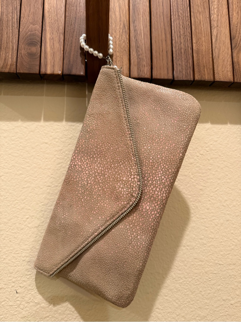 Pearl-Handle Textured Envelope Clutch in Blush Taupe